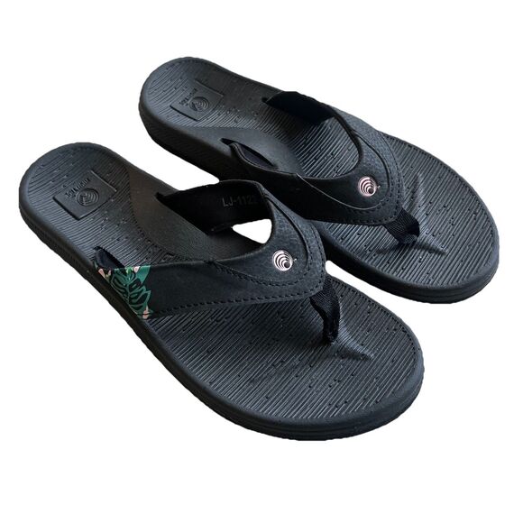 High Tide Black Sandal Flip Flop Comfort Tropical Beach Floral Size 9 - Picture 1 of 9